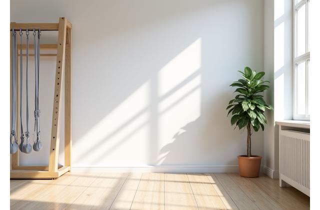 Scandinavian home gym with light wood, bright spaces, and minimalist functional design