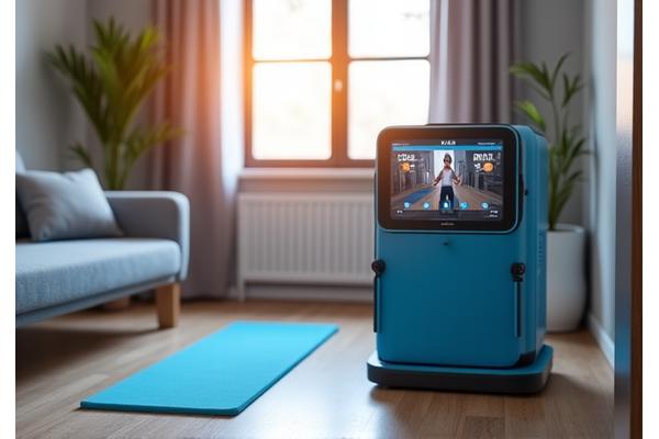 Compact, portable home gym system with resistance bands and digital screen in an apartment setting