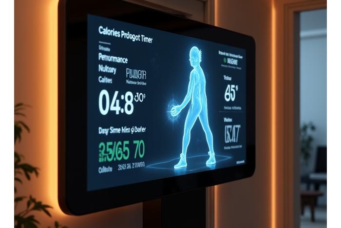 Sleek interactive workout mirror displaying real-time metrics and a virtual instructor in a modern apartment setting.